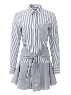 DEREK LAM 10 CROSBY Striped Shirt Dress | Tie Waist Flounce Hem Cotton Mini | 8